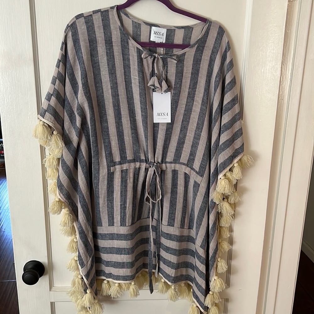 MISA LA || Linen Pom Pom Striped Poncho NWT
